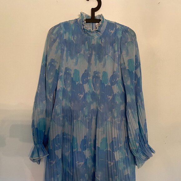 GANNI Pleated Georgette Maxi Dress in Forever Blue Size 4 - Picture 6 of 8